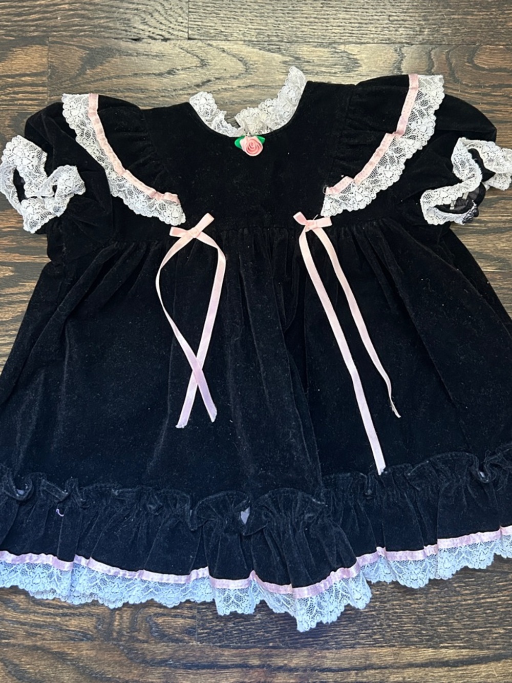 Vintage Black Velvet Baby Dress with Pink Ribbon & Lace Trim